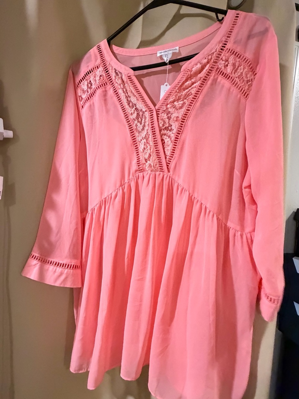 Motherhood Coral Pink Lace-Trim Peasant Tunic